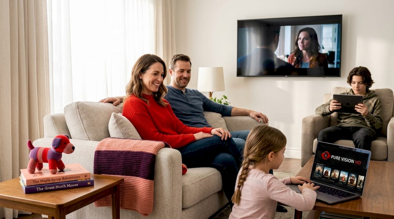 Family streaming IPTV in Canadian living room